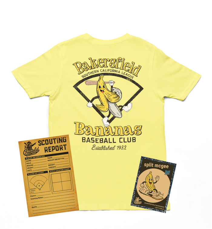 Bright yellow Bakersfield Bananas baseball t-shirt displayed alongside a mascot scouting report and Split McGee trading card. The shirt features a cartoon banana swinging a bat with vintage-style team branding from the Southern California League.