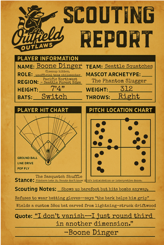 vintage baseball scouting report for Boone Dinger, the mascot for the Seattle Squatches