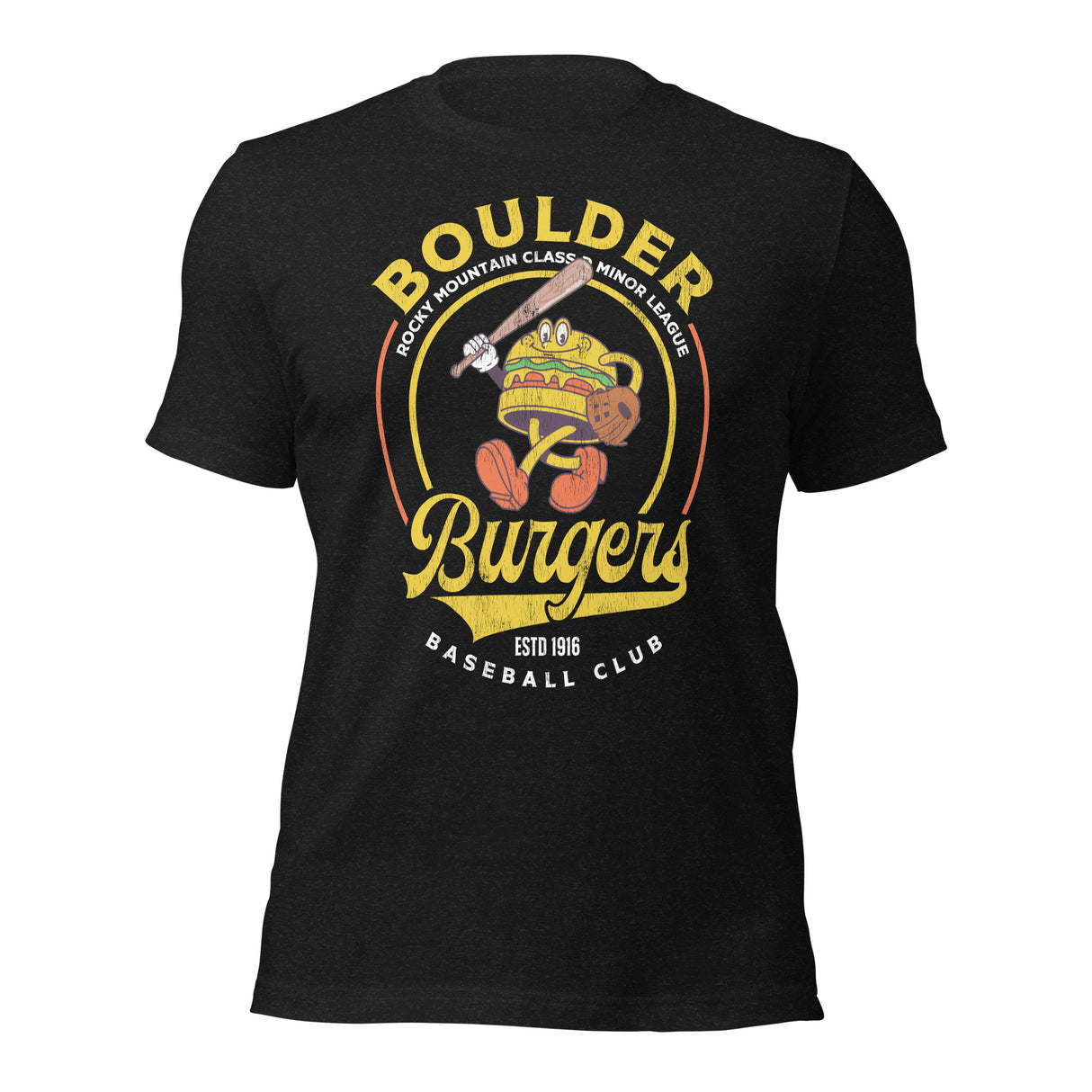 Flat lay of Outfield Outlaws Boulder Burgers tee in black with retro burger mascot