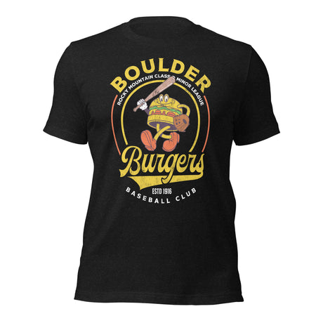 Flat lay of Outfield Outlaws Boulder Burgers tee in black with retro burger mascot