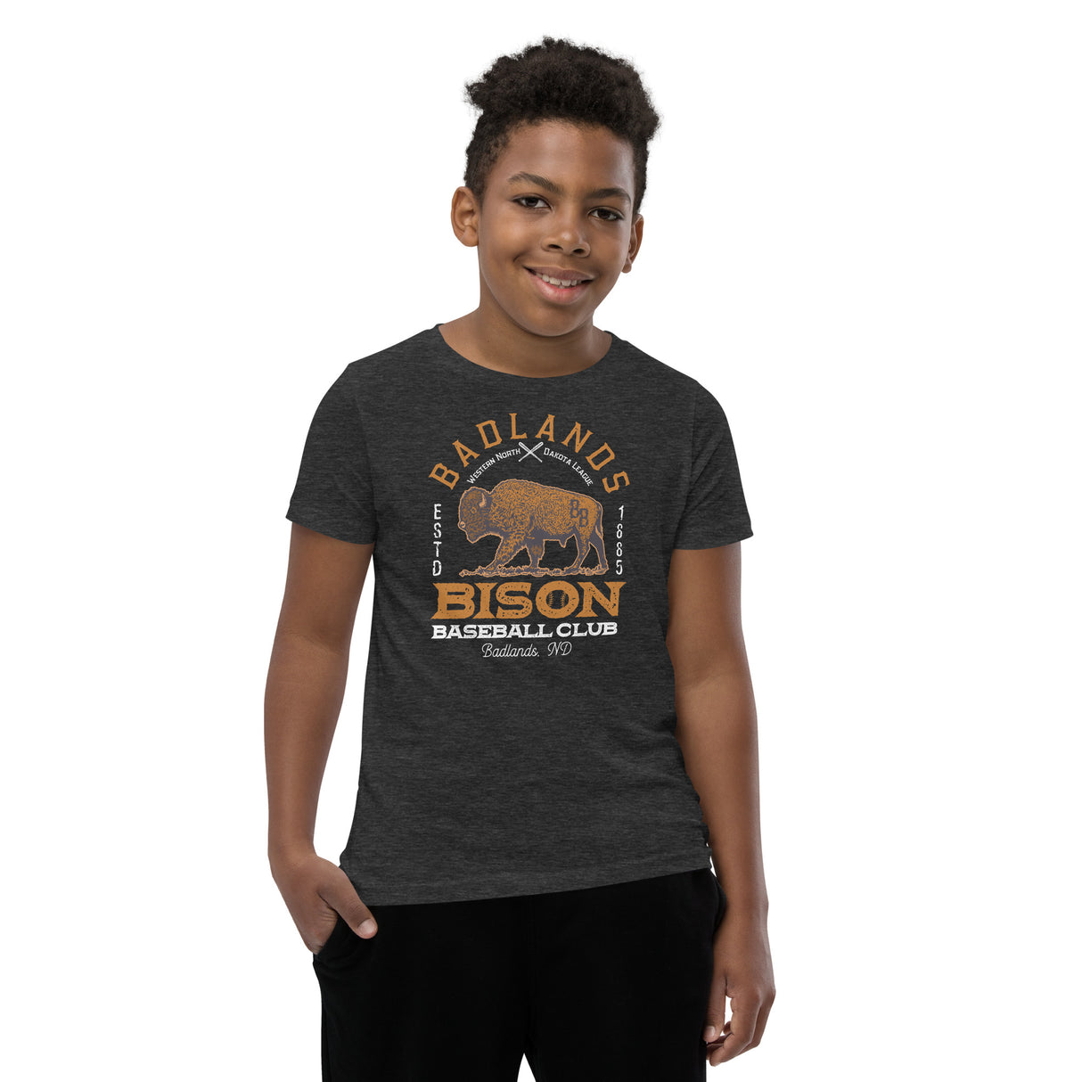 Boy in Badlands Bison tee – buffalo baseball mascot

