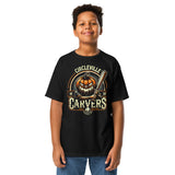 Young boy wearing black Circleville Carvers youth t-shirt with a retro Halloween baseball pumpkin mascot