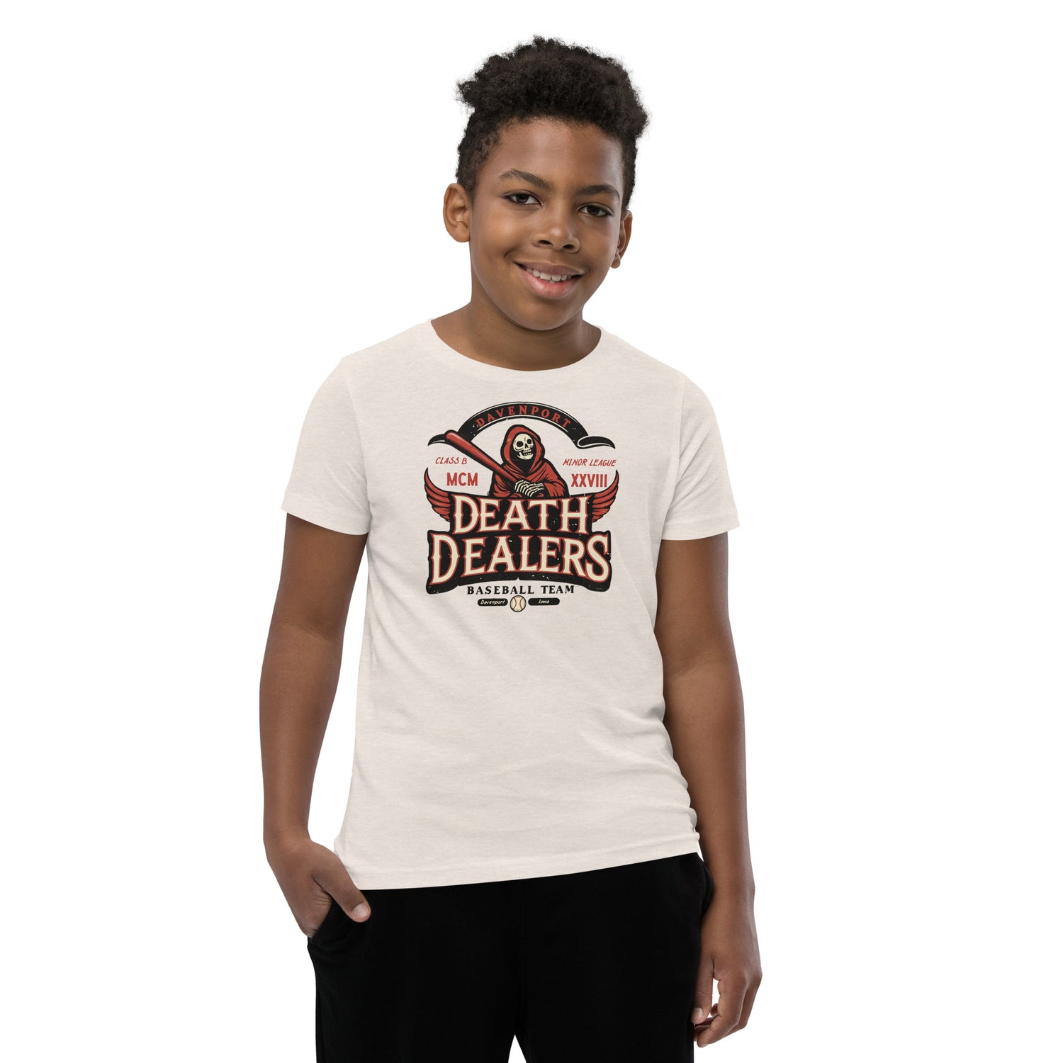 Boy in Davenport Death Dealers youth shirt – retro skull design