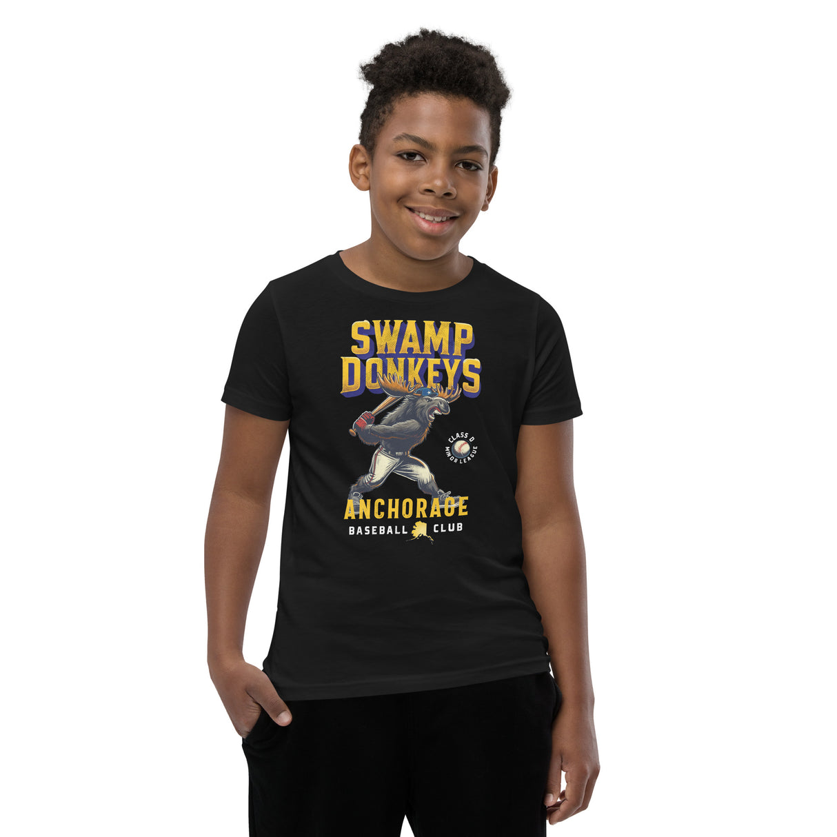 Boy in Anchorage Swamp Donkeys mascot shirt – youth baseball tee

