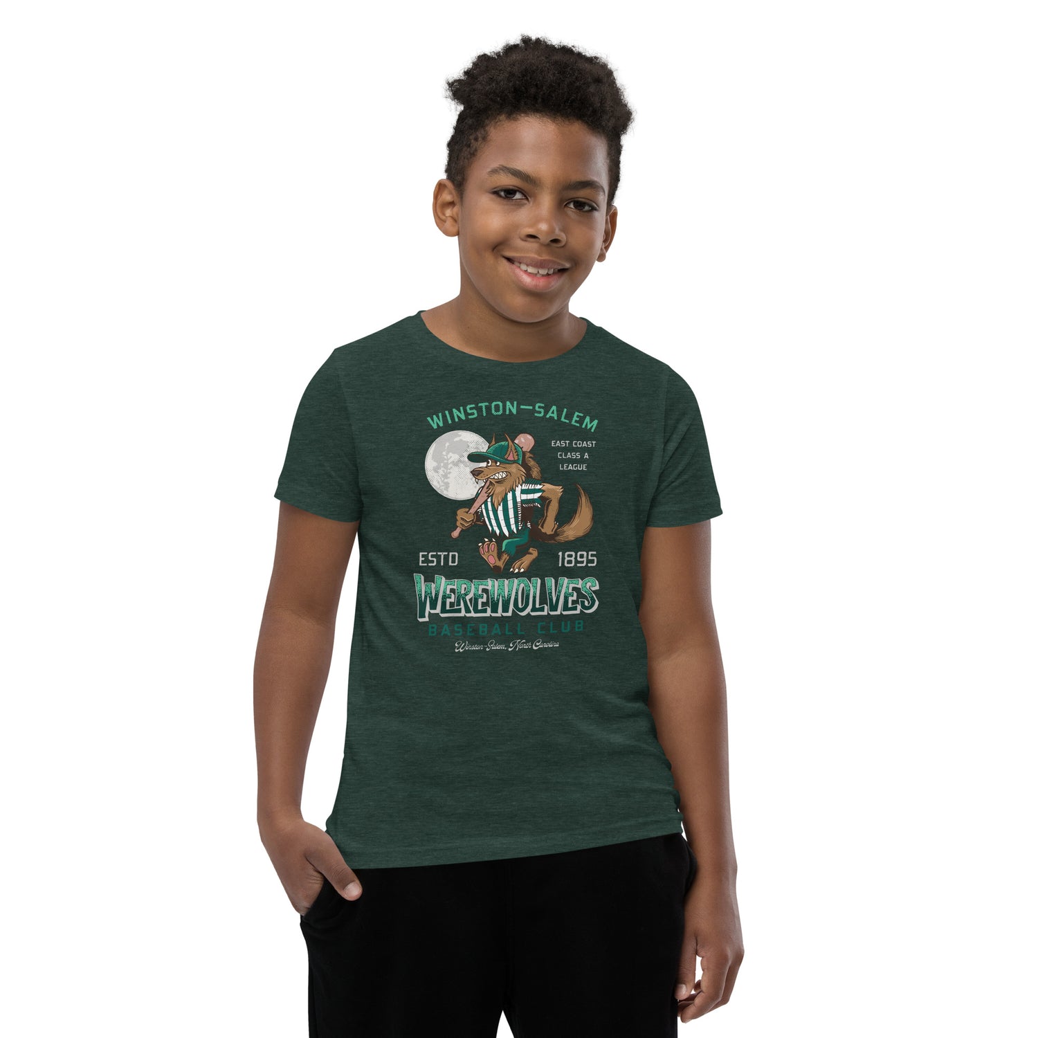 Boy in Winston-Salem Werewolves youth shirt – retro wolf mascot