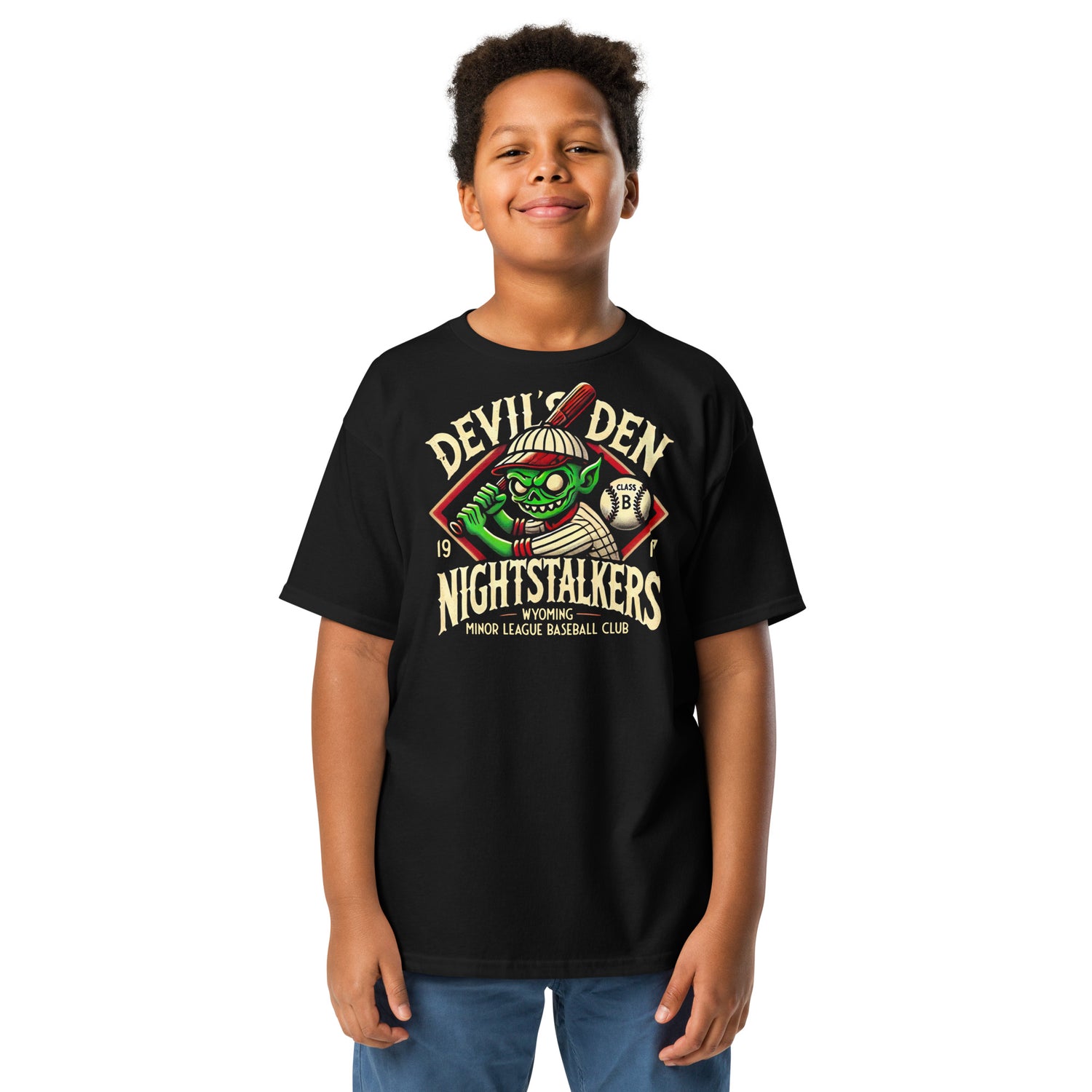 Young boy wearing black Devil’s Den Nightstalkers retro baseball shirt with vintage goblin mascot from Outfield Outlaws
