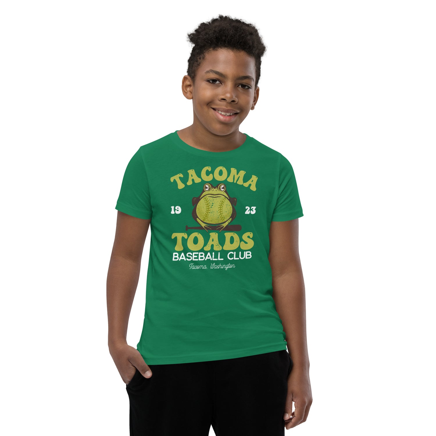 Boy wearing Tacoma Toads mascot shirt – youth Bella Canvas