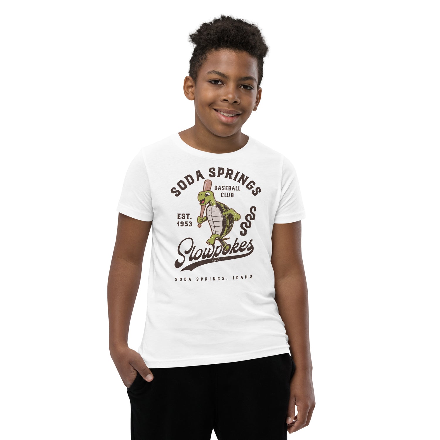 Boy wearing Soda Springs Slow Pokes youth mascot shirt

