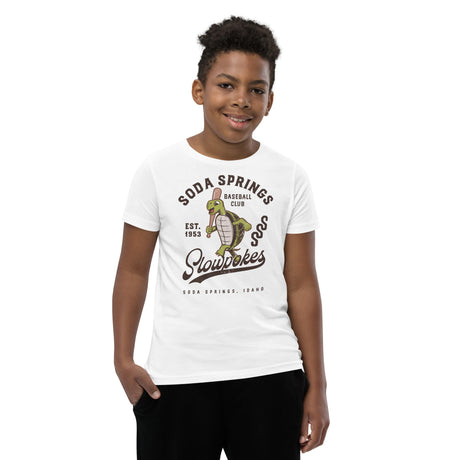 Boy wearing Soda Springs Slow Pokes youth mascot shirt

