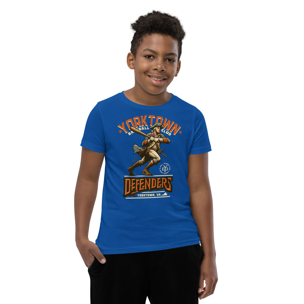 Boy wearing Yorktown Defenders youth shirt – vintage baseball look