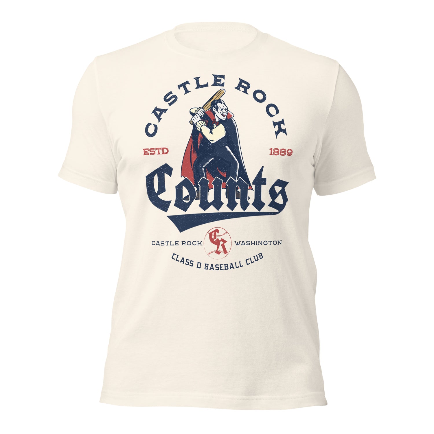 Flat lay of Castle Rock Counts retro baseball shirt in Vintage White, showcasing a classic vampire mascot with a wooden bat.