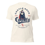 Flat lay of Castle Rock Counts retro baseball shirt in Vintage White, showcasing a classic vampire mascot with a wooden bat.