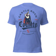 Flat lay of Castle Rock Counts vintage minor league baseball t-shirt in Heather Royal Blue, featuring Dracula-themed retro design.
