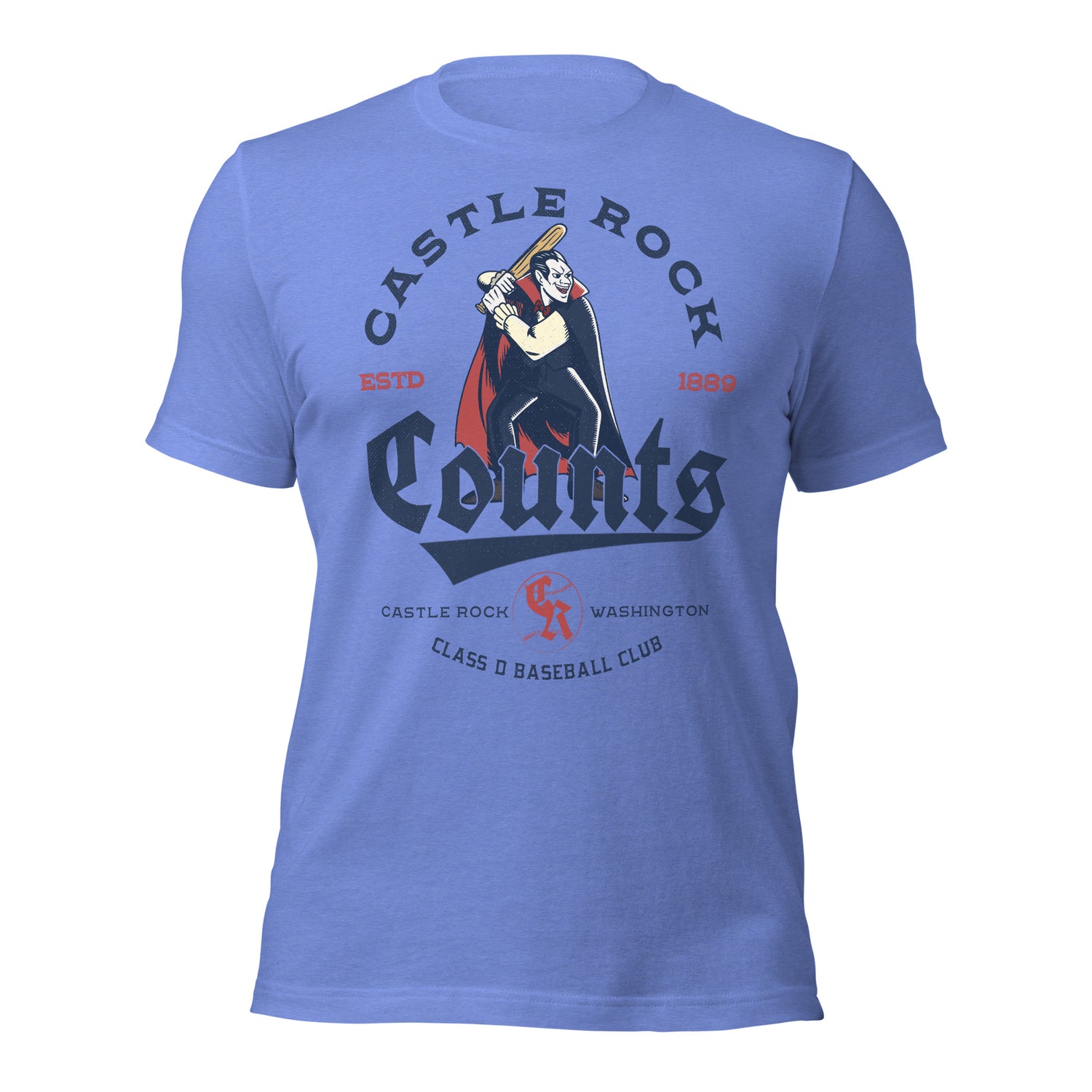 Flat lay of Castle Rock Counts vintage minor league baseball t-shirt in Heather Royal Blue, featuring Dracula-themed retro design.