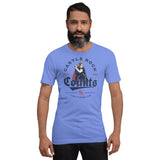 Male model wearing Castle Rock Counts old school baseball shirt in Heather Royal Blue, inspired by vintage minor league team branding.
