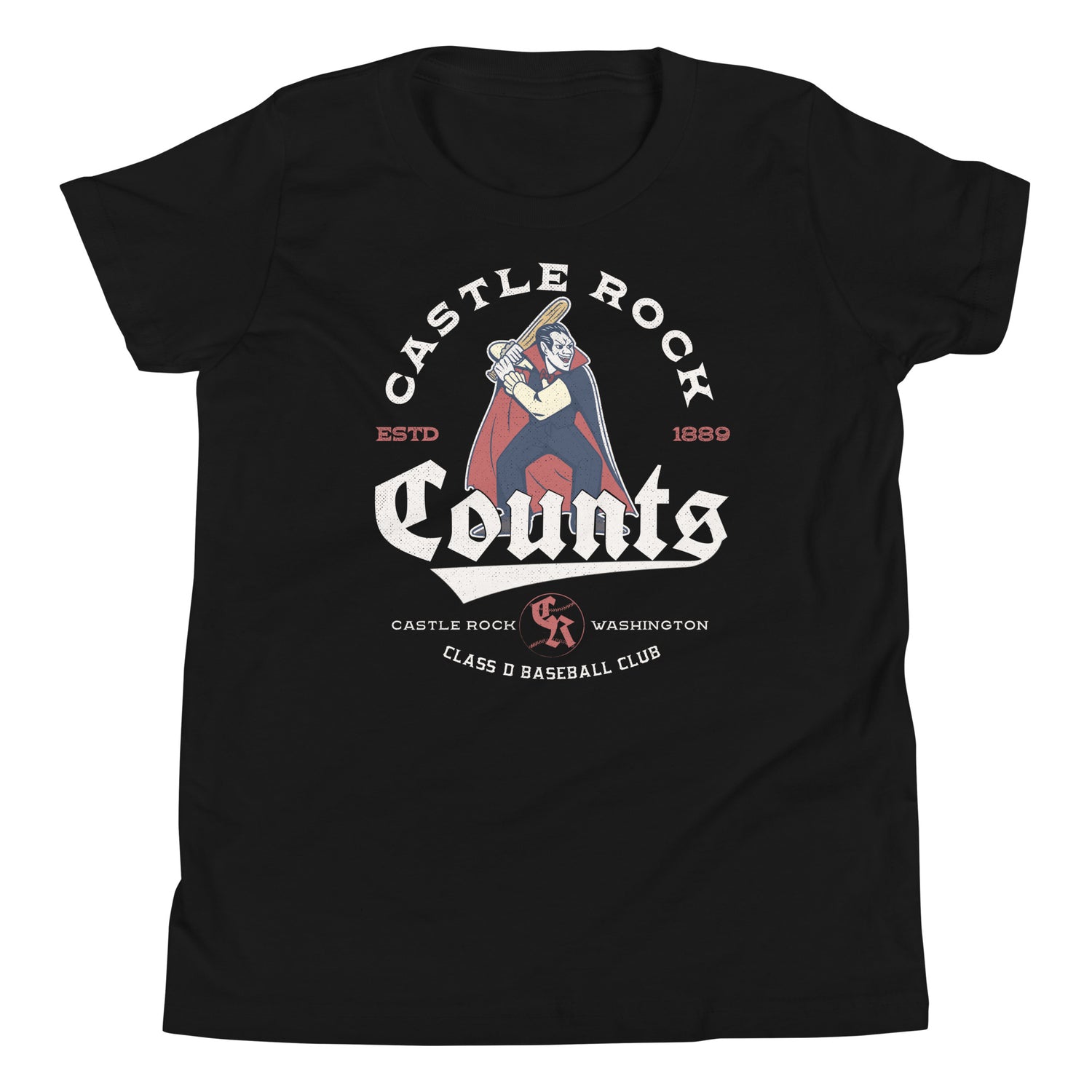 Castle Rock Counts Youth Black T-Shirt – Vampire Mascot Flat Lay