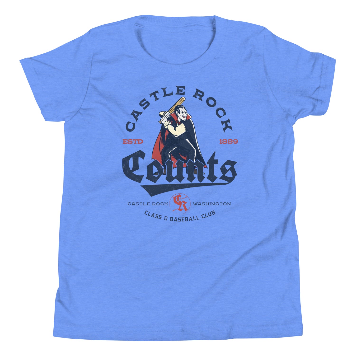 Flat lay of Castle Rock Counts youth t-shirt in Heather Columbia Blue, featuring a vintage vampire baseball mascot from a retro minor league team.