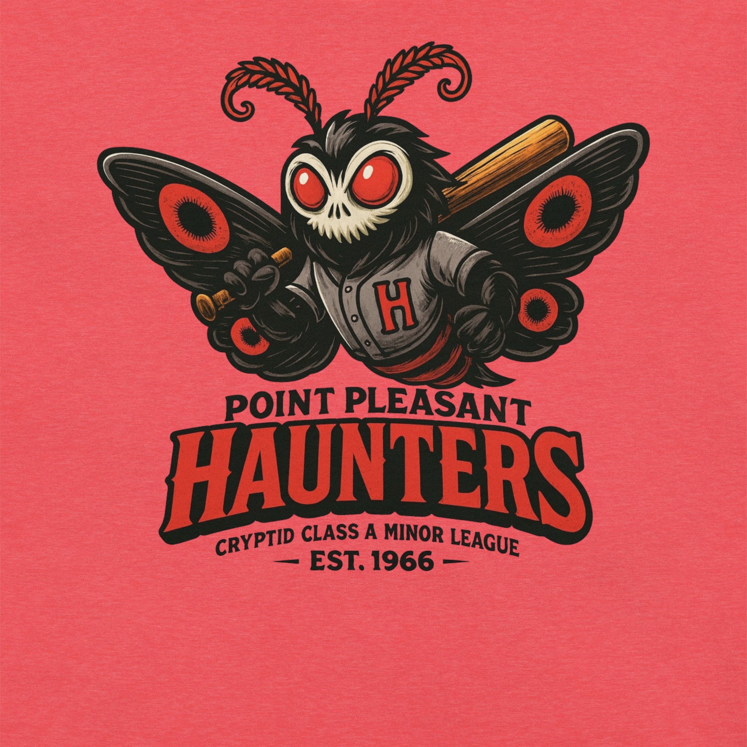 Close-up of Point Pleasant Haunters tee in Heather Red, showing detailed Mothman mascot design and retro baseball texture.