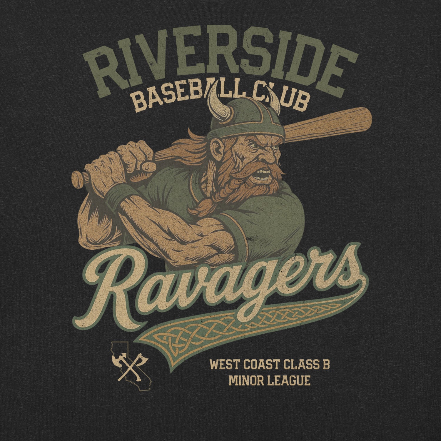 Close-up of Riverside Ravagers Viking mascot artwork printed on adult t-shirt in heather black, part of the retro baseball collection by Outfield Outlaws.