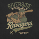 Close-up of Riverside Ravagers Viking mascot artwork printed on adult t-shirt in heather black, part of the retro baseball collection by Outfield Outlaws.