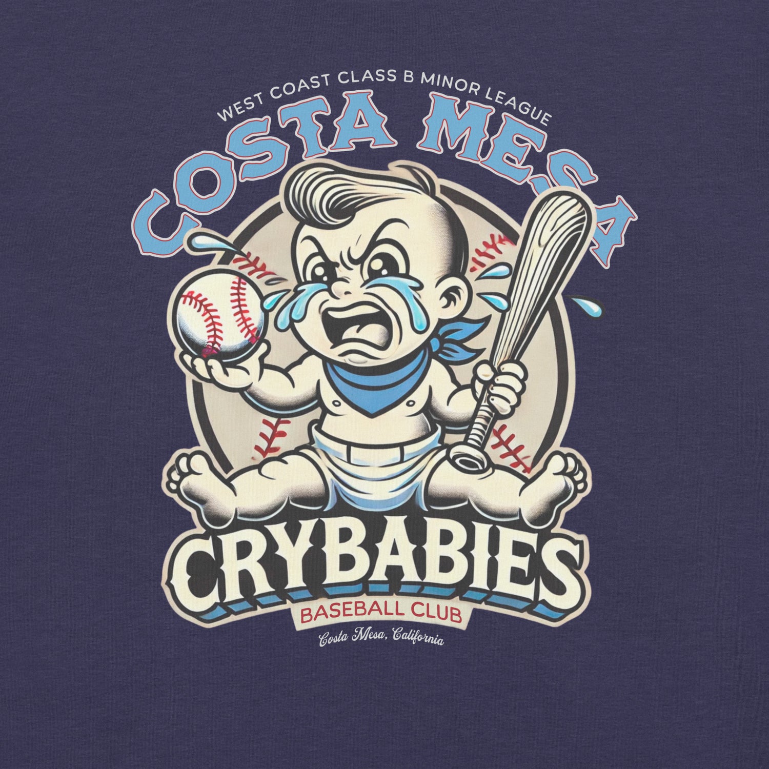 Close-up view of the Costa Mesa Crybabies mascot design on a heather navy tee, showing the detailed vintage cartoon baby holding a baseball bat.