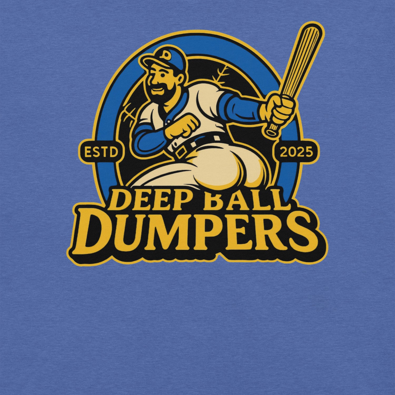 Detailed close-up of Deep Ball Dumpers graphic on heather royal blue shirt showing cartoon slugger and bold baseball typography.