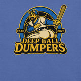 Detailed close-up of Deep Ball Dumpers graphic on heather royal blue shirt showing cartoon slugger and bold baseball typography.