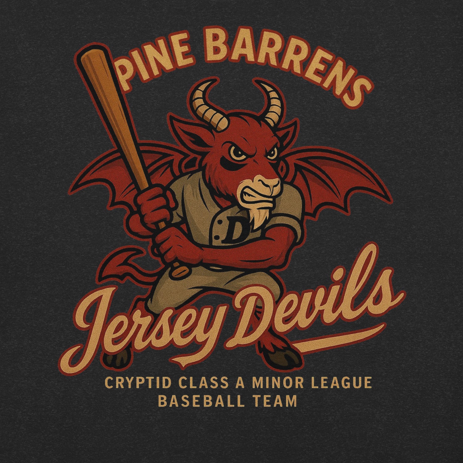 Close-up of Jersey Devils baseball shirt design showing red cryptid devil swinging bat on heather black fabric