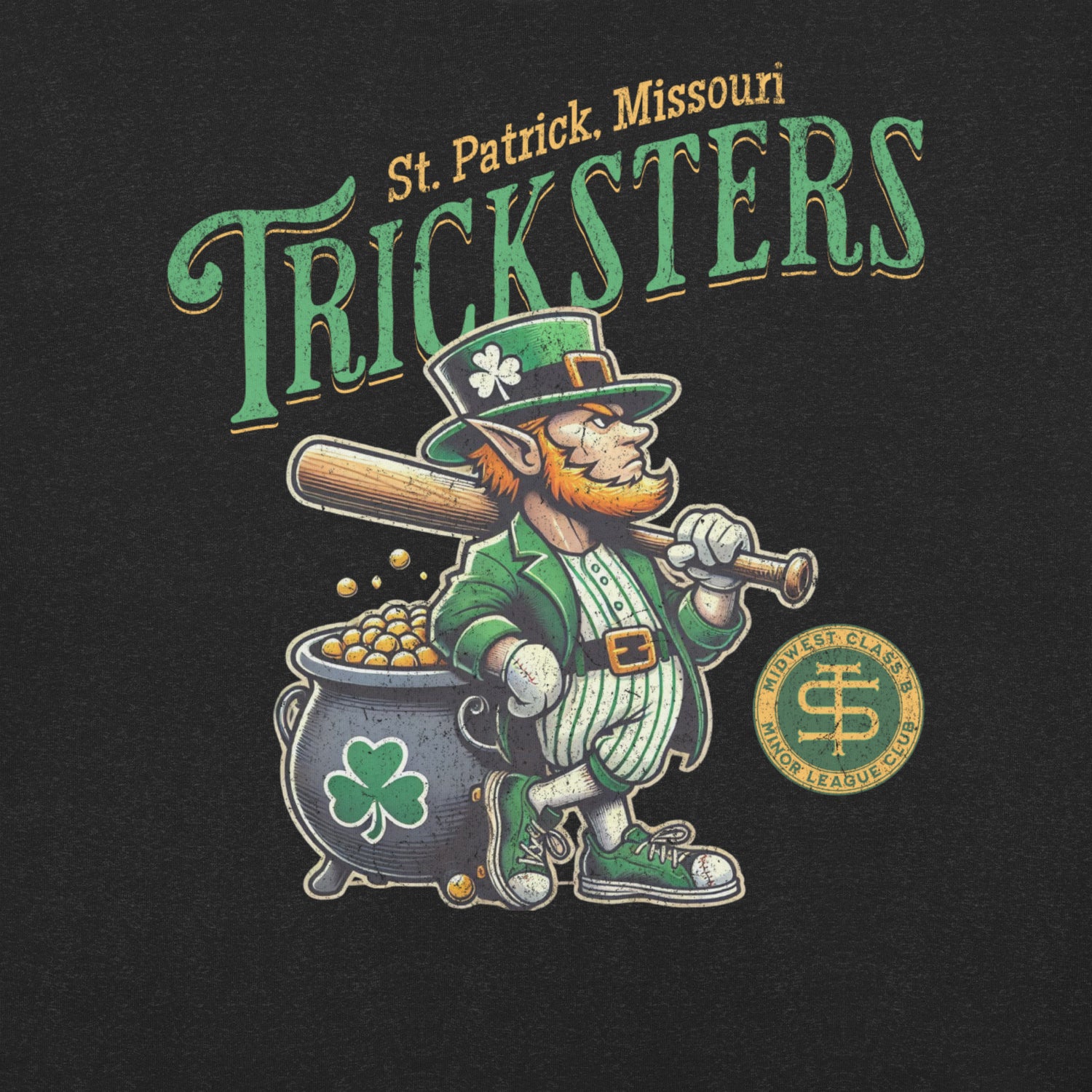 Detailed view of St. Patrick Tricksters leprechaun mascot printed on adult black Bella Canvas shirt