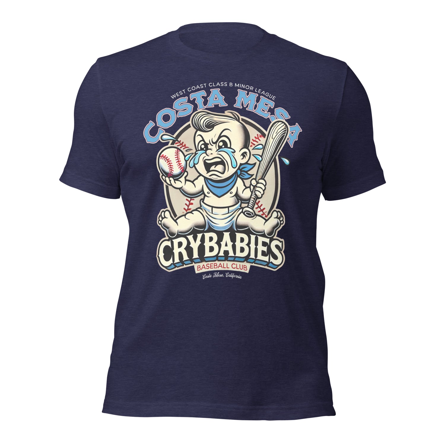 Flat lay of the Outfield Outlaws Costa Mesa Crybabies t-shirt in heather navy featuring a retro crying baby baseball mascot.