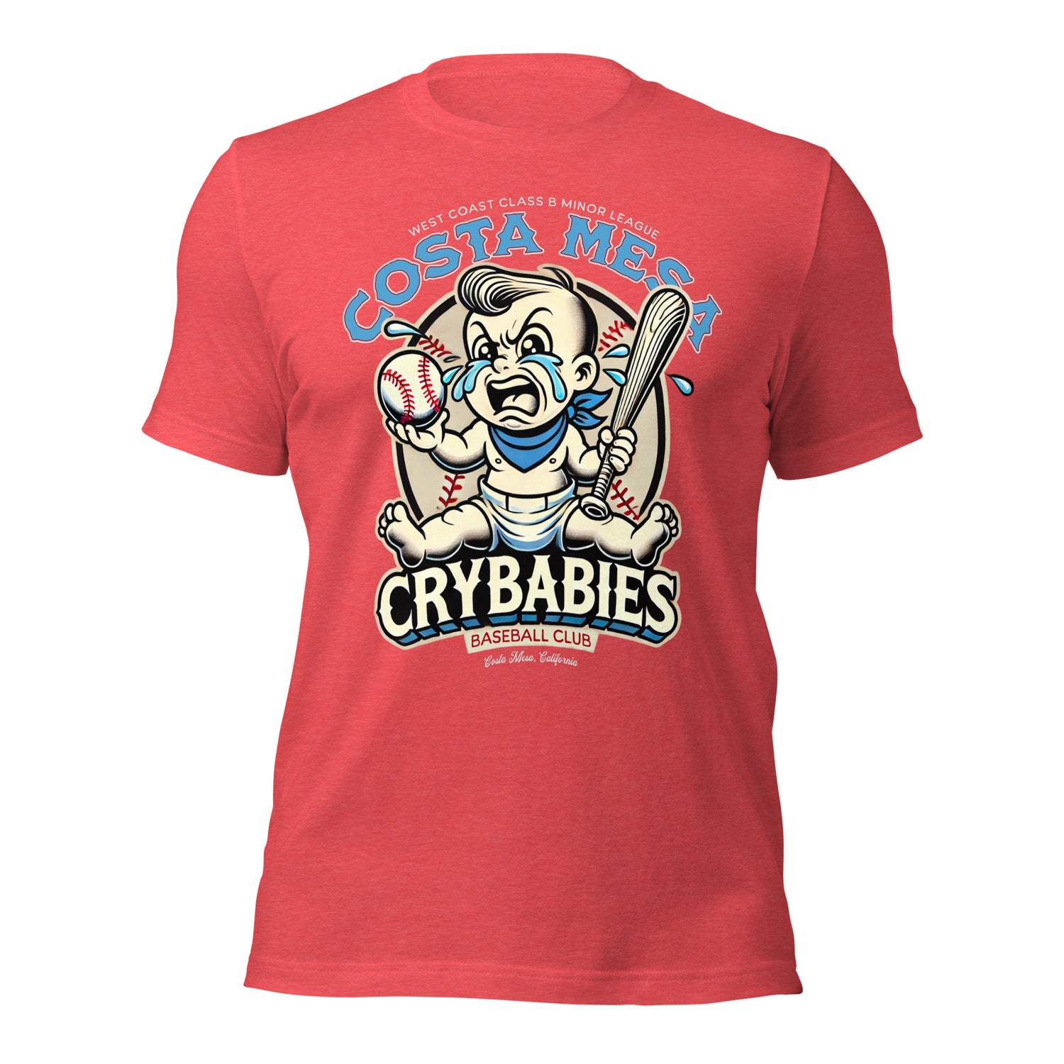 Flat lay of the Outfield Outlaws Costa Mesa Crybabies t-shirt in heather red with a vintage minor league baseball baby mascot design.