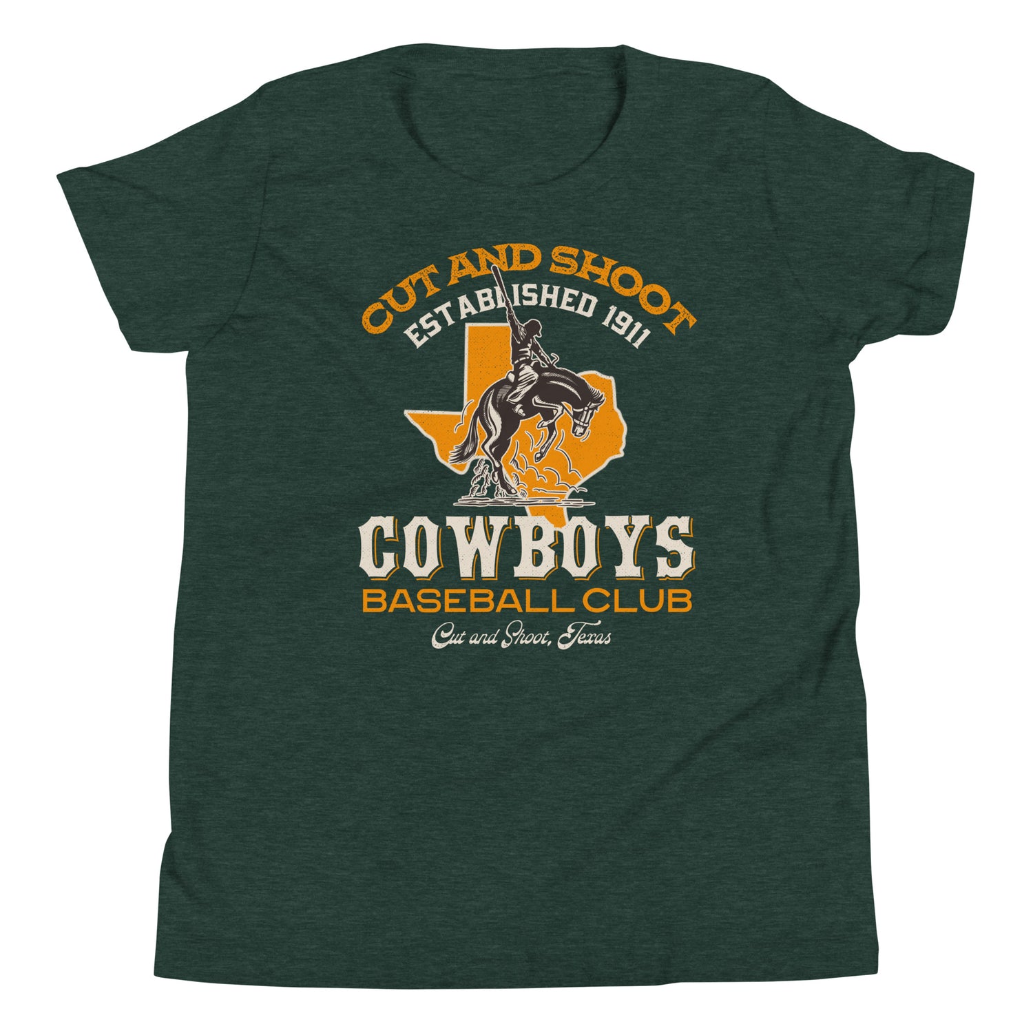 Cut and Shoot Cowboys Youth Heather Green T-Shirt – Western Mascot Flat Lay