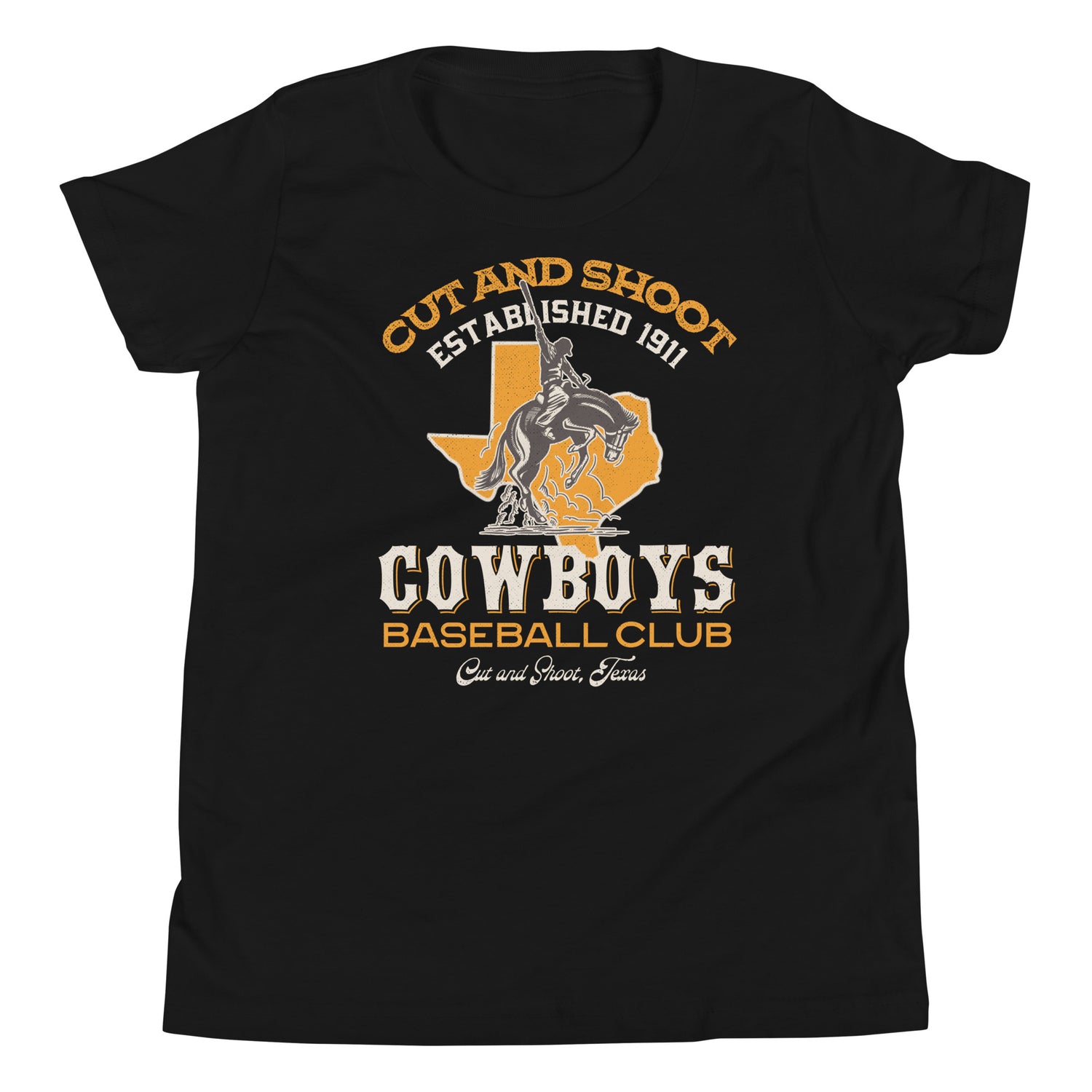 Cut and Shoot Cowboys Youth T-Shirt – Western Mascot Flat Lay
