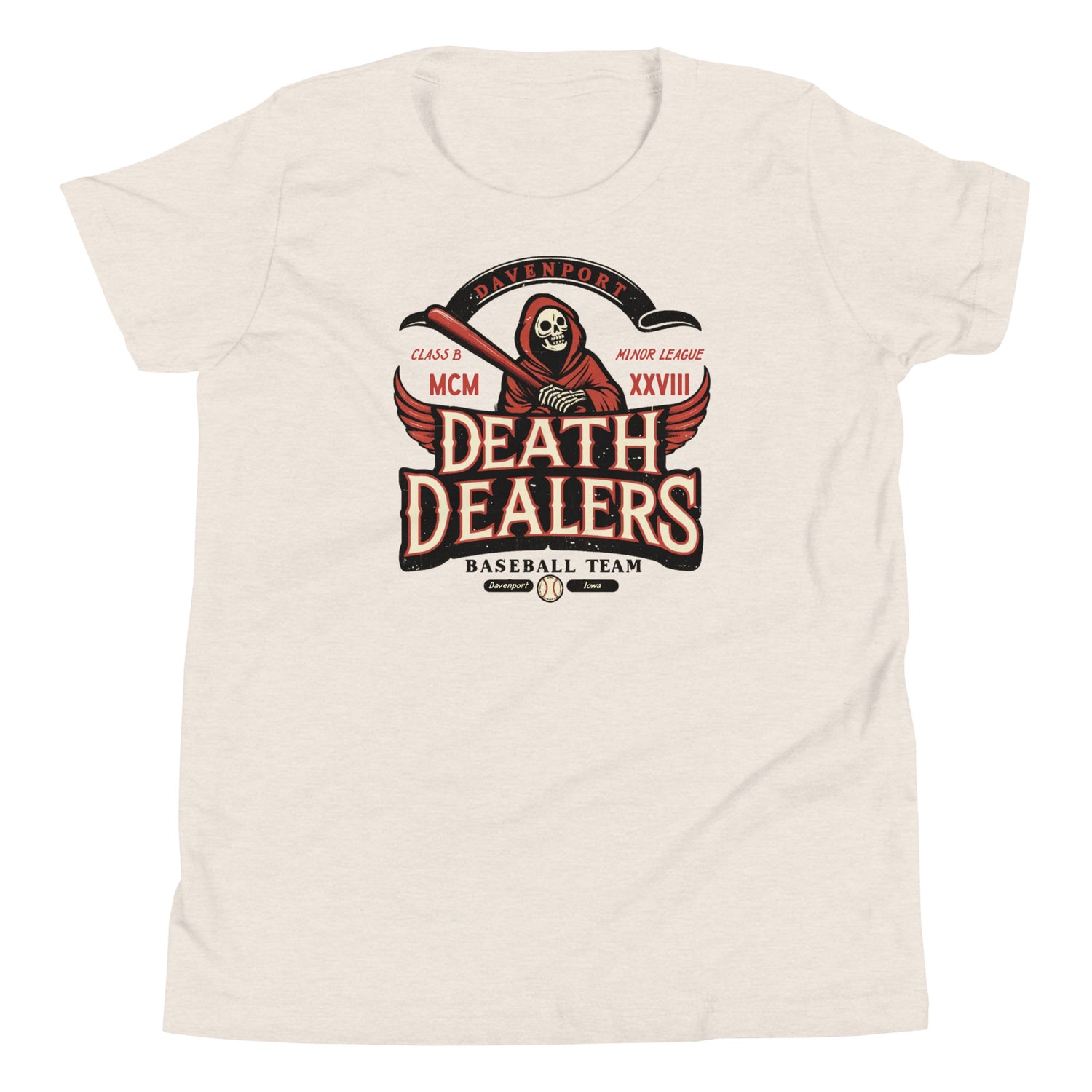 Davenport Death Dealers Youth T-Shirt – Skull Mascot Flat Lay