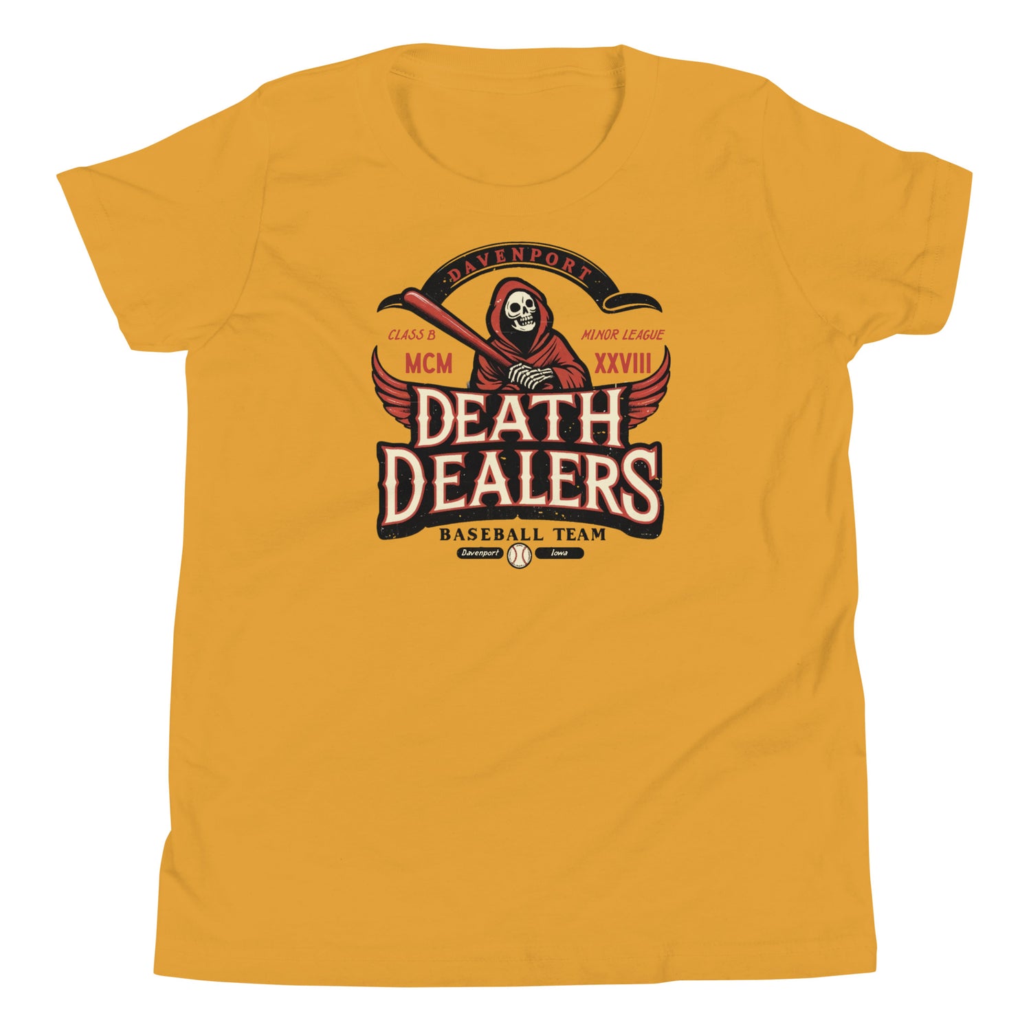 Davenport Death Dealers Youth Yellow T-Shirt – Skull Mascot Flat Lay