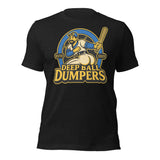 Flat lay of Deep Ball Dumpers tee in heather black with retro cartoon baseball design and cheeky slugger graphic.