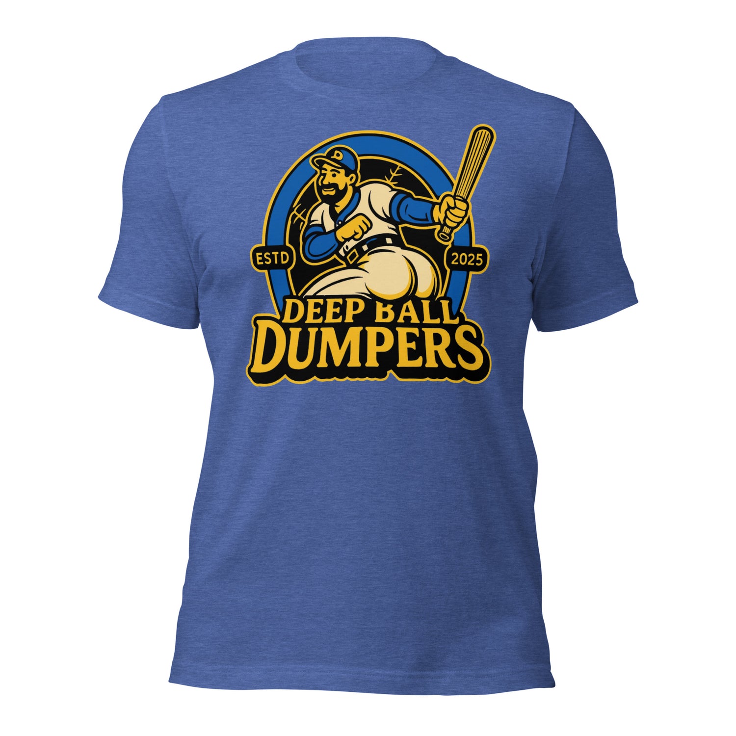 Flat lay of Deep Ball Dumpers retro baseball t-shirt in heather royal blue featuring cartoon slugger mascot and “If it’s hangin’… we’re bangin’” slogan.