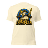 Flat lay of Deep Ball Dumpers t-shirt in natural color with vintage baseball parody design and bold mascot artwork.