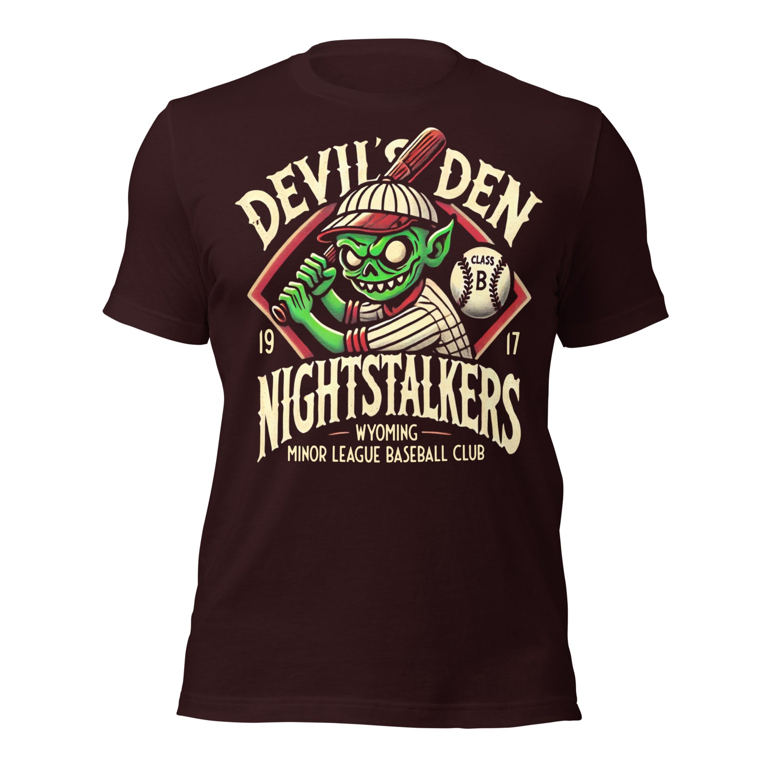 Flat lay of Devil’s Den Nightstalkers vintage-style baseball t-shirt in oxblood black, featuring a retro goblin mascot design.