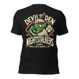 Flat lay of Devil’s Den Nightstalkers retro cryptid baseball tee in vintage black with distressed mascot art.