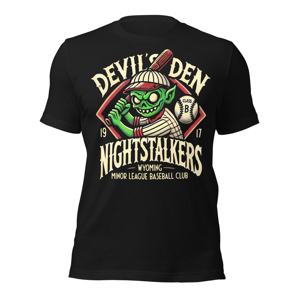 Flat lay of Devil’s Den Nightstalkers retro cryptid baseball tee in vintage black with distressed mascot art.