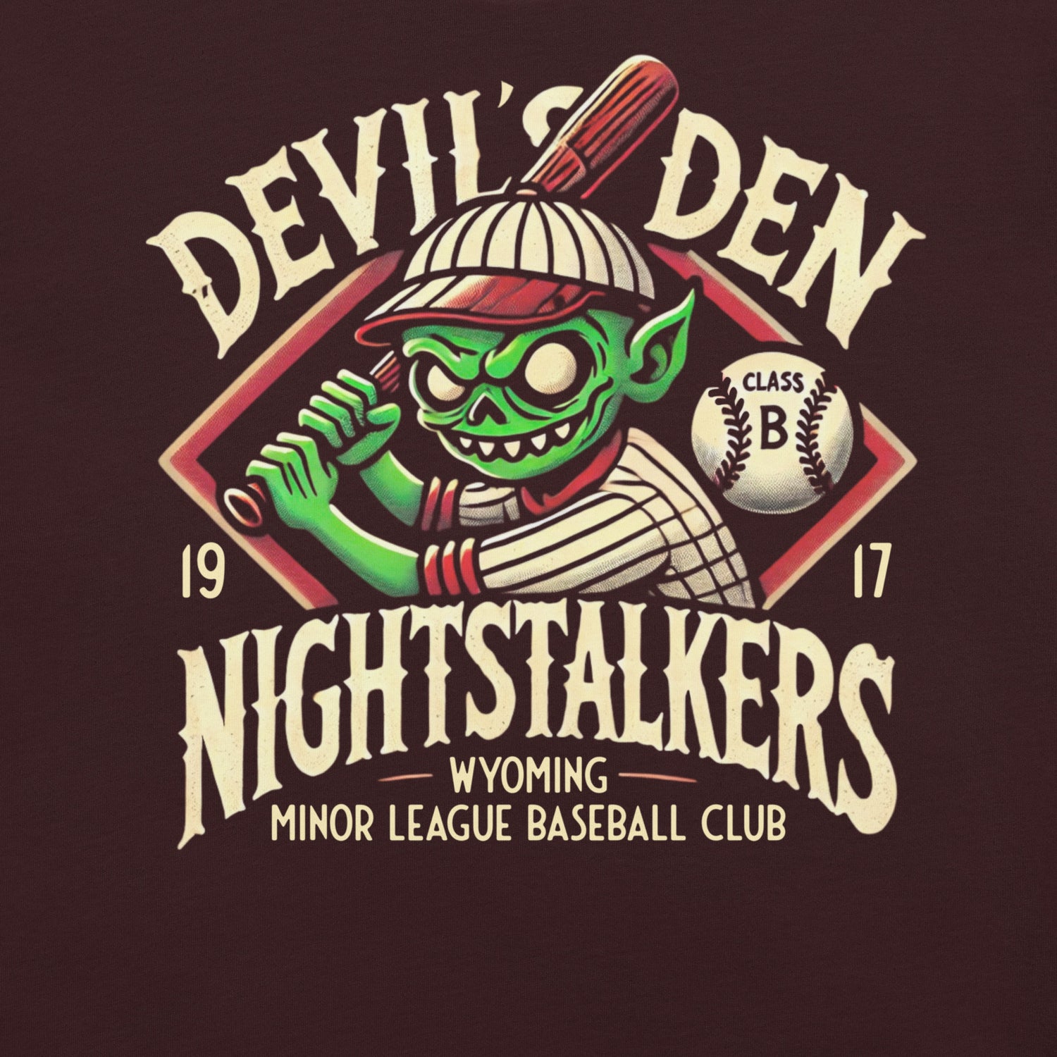 Devil’s Den Nightstalkers t-shirt in oxblood black, showcasing the goblin baseball mascot in bold vintage style.