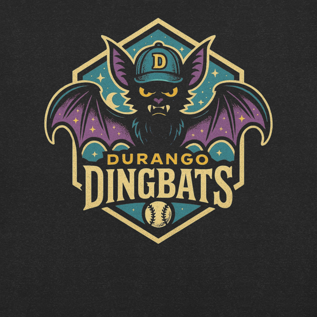 Close-up of Durango Dingbats retro design on Heather Black shirt showing vintage-style bat mascot