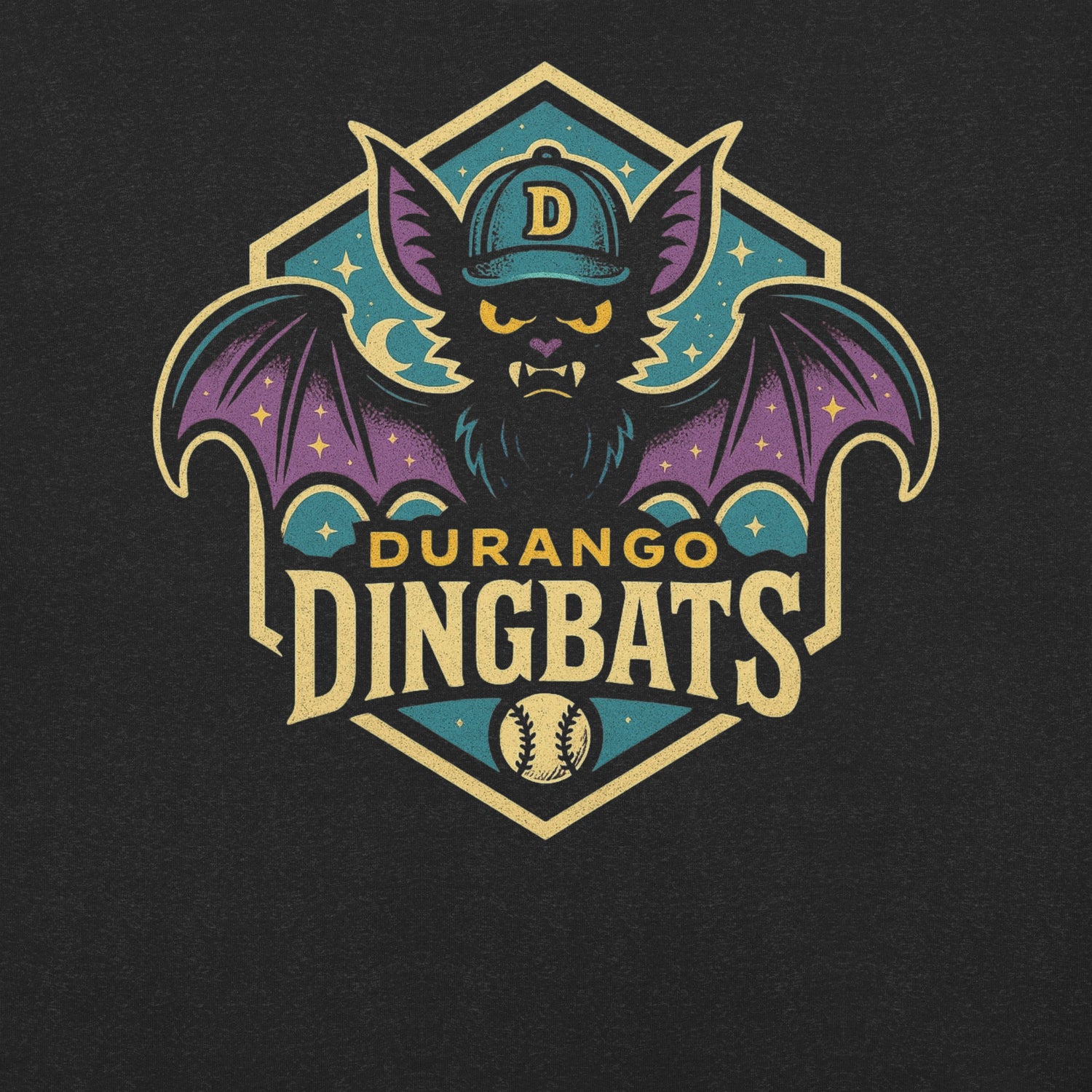 Close-up of Durango Dingbats retro design on Heather Black shirt showing vintage-style bat mascot