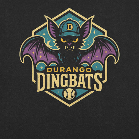 Close-up of Durango Dingbats retro design on Heather Black shirt showing vintage-style bat mascot
