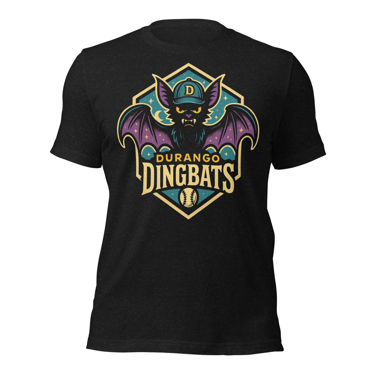 Flat lay of the Durango Dingbats retro baseball shirt in Heather Black featuring vintage bat mascot design