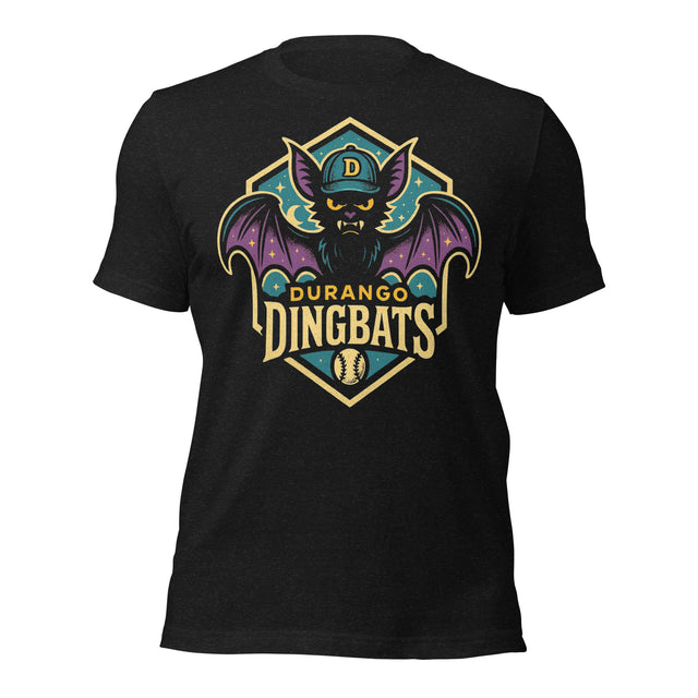 Flat lay of the Durango Dingbats retro baseball shirt in Heather Black featuring vintage bat mascot design