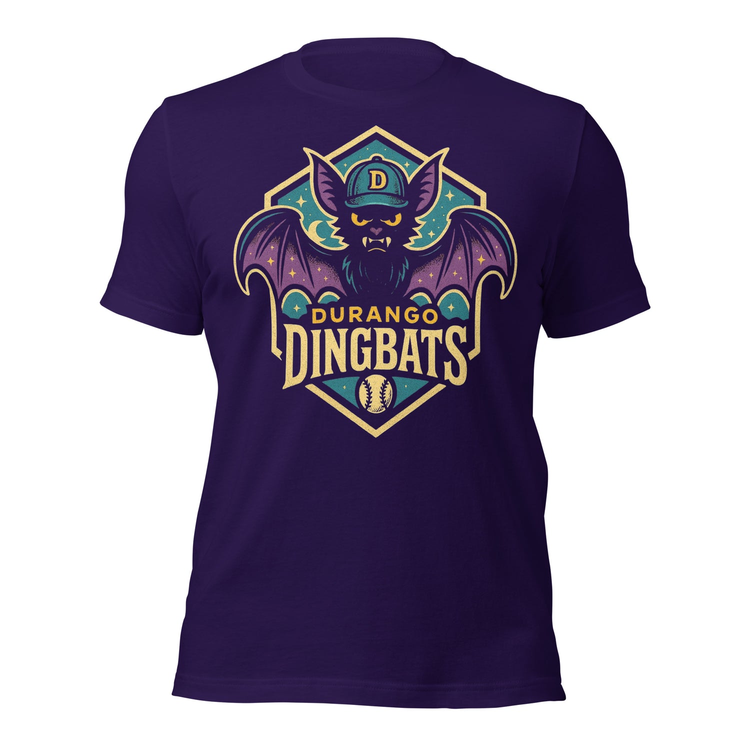 Flat lay of the Durango Dingbats baseball t-shirt in Purple with cryptid bat mascot in retro style