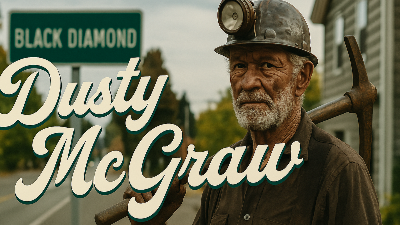 Dusty McGraw, the rugged mascot of the Black Diamond Coal Miners, stands holding a pickaxe in front of a Black Diamond city sign, wearing a miner’s helmet with a headlamp.