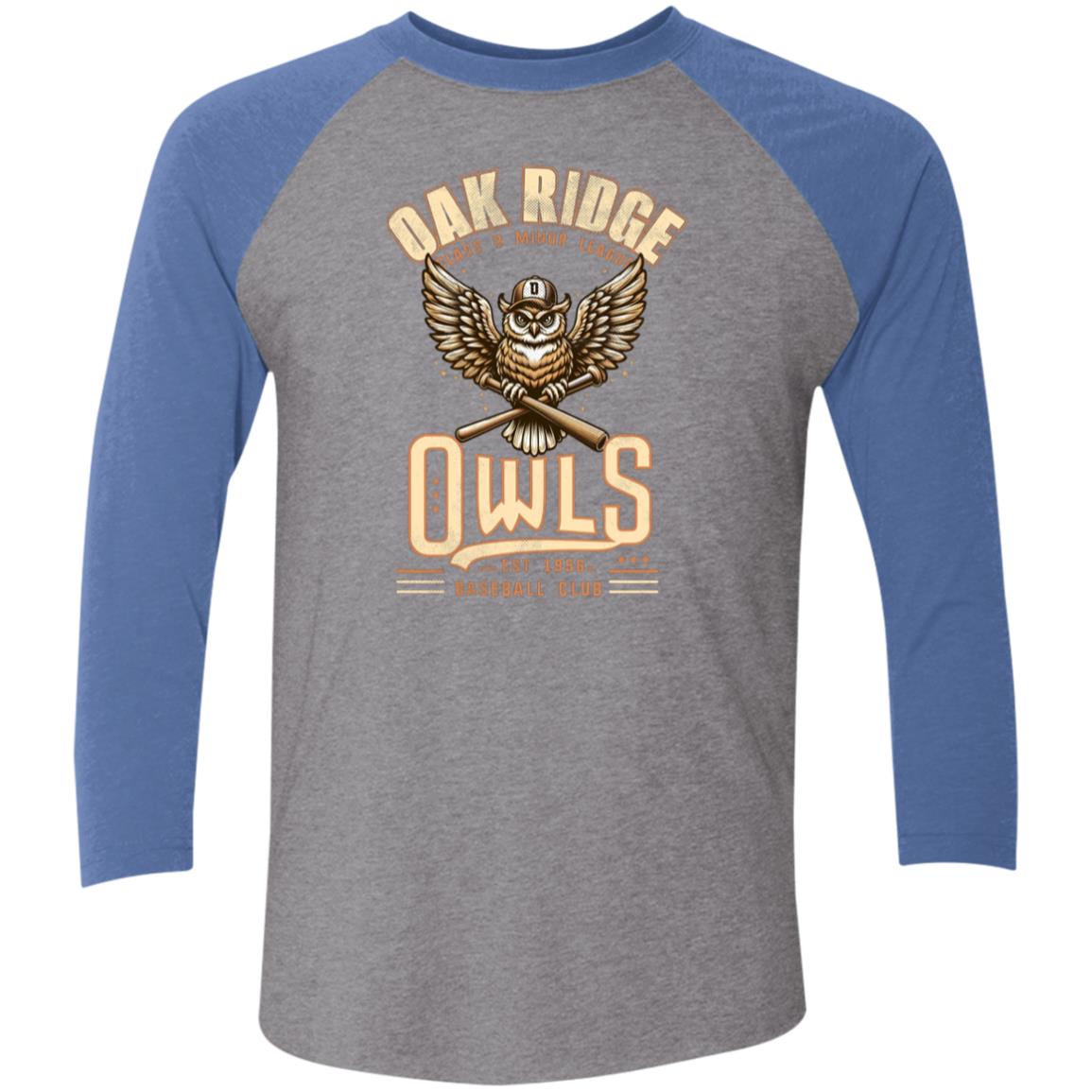 Oak Ridge Owls Retro Minor League Baseball Team  Tri-Blend 3/4 Sleeve Raglan T-Shirt - outfieldoutlaws